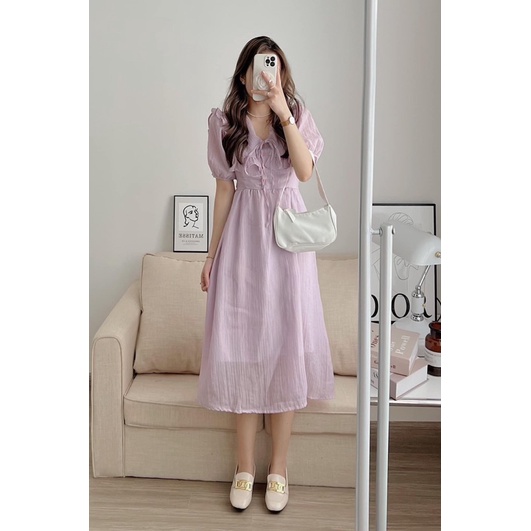 Đầm maxi vải tơ 2 lớp cổ bèo vành to thắt nơ ulzzang, Váy tiểu thư dáng dài cộc tay kiểu nàng thơ siêu đẹp  (TTA136)