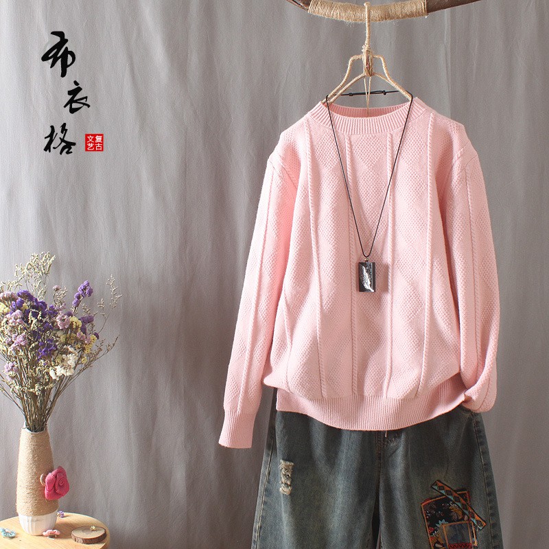 Áo Len nữ trơn màu sợi gân cổ tròn đẹp tinh khiết phong cách vintage Nhật Bản