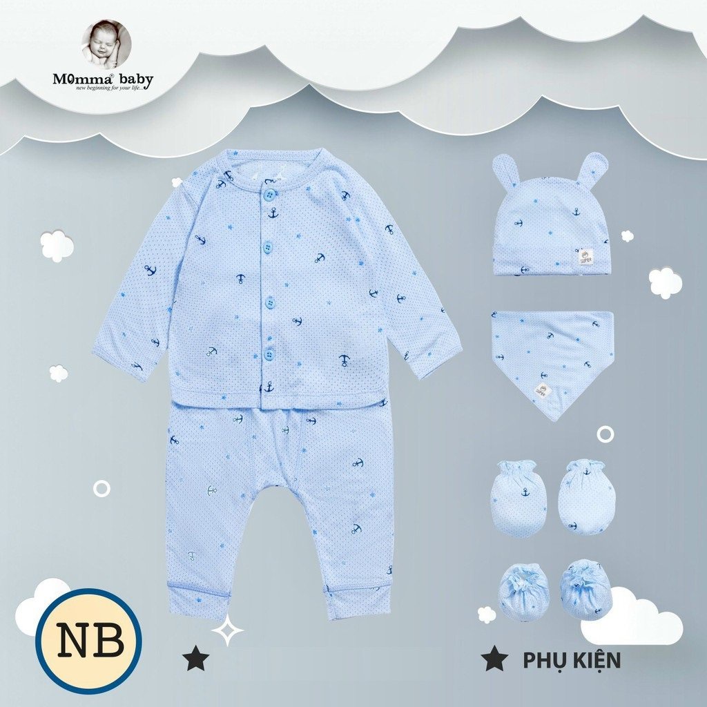 Xả kho Set quần áo sơ sinh dài tay Momma chất thông hơi siêu đẹp kèm mũ, yếm, bao chân tay 0-3 tháng cho bé
