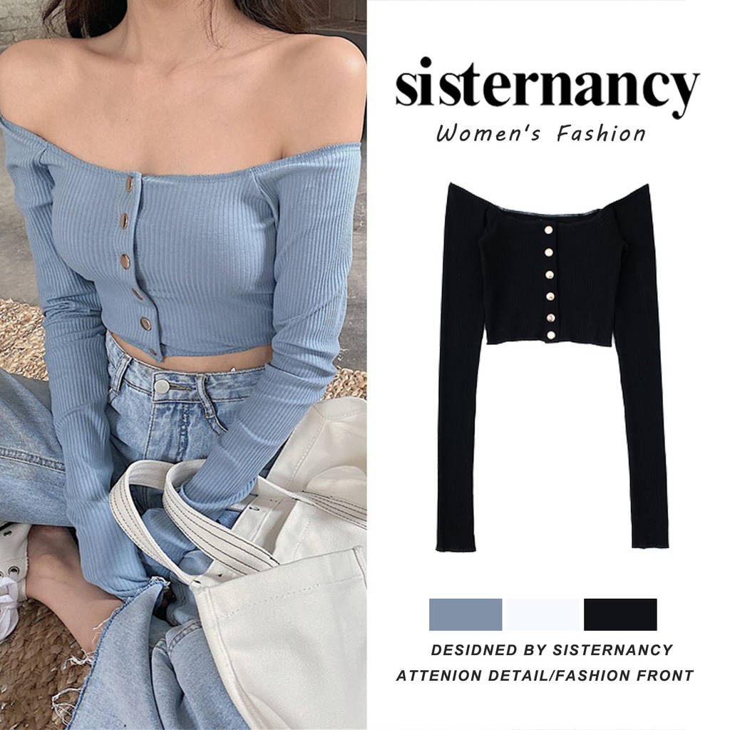 Áo thun COZOK trễ vai tay dài màu trơn thiết kế quyến rũ