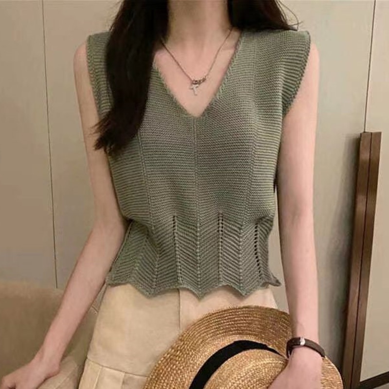 Áo Len Không Tay Màu Sắc Đơn Giản Cho Nữ 164552 Áo Hai Dây Dáng Rộng Cổ Chữ v Thiết Kế Đơn Giản Thời Trang