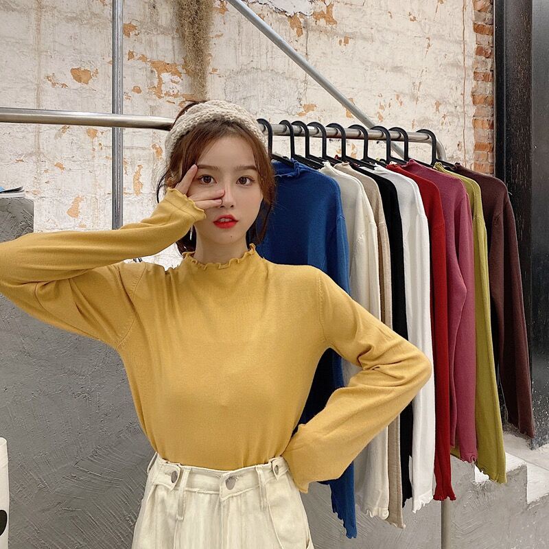 Áo dệt kim tay dài dáng rộng cổ cao phong cách mới thời trang thu đông cho nữ