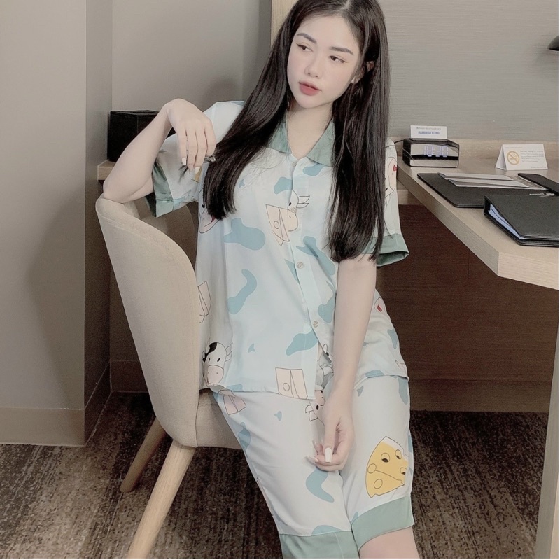 Bộ mặc nhà cộc lửng, bộ pijama lụa satin cao cấp tay ngắn quần lửng siêu hot 2021 | BigBuy360 - bigbuy360.vn