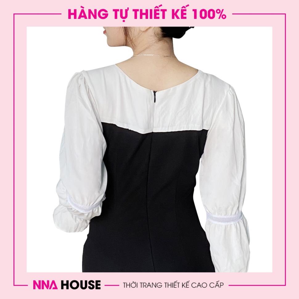 Váy dài tay phối đen trắng - Đầm thiết kế dáng xuông cổ trễ tay bồng sang trọng NNAHOUSE Mã NA213 | BigBuy360 - bigbuy360.vn