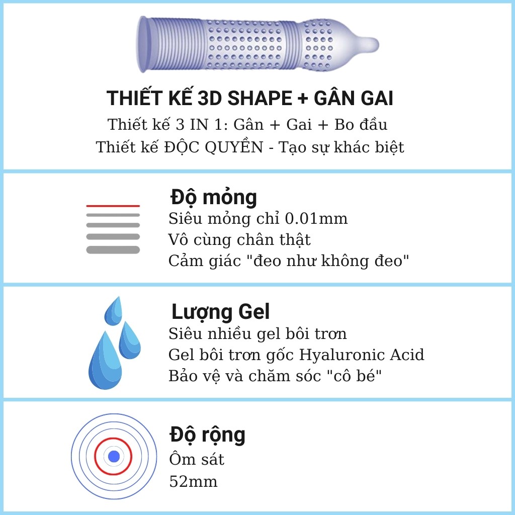 Bao cao su gân gai OLO siêu mỏng 001 GOLDEN CRYSTAL Hộp 10 BCS Công nghệ Nhật Bản Size 52mm