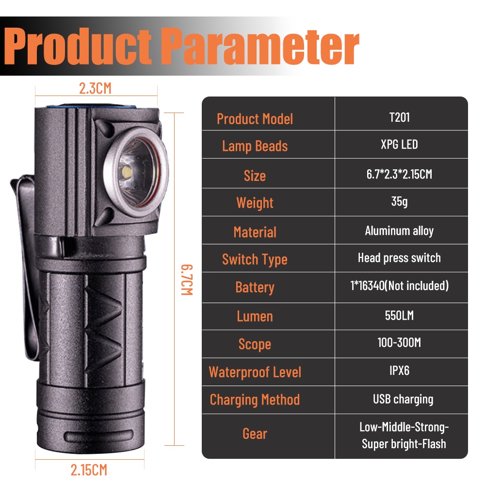 Đèn Pha led Đa Năng Hình Chữ l 550lm t201 xpg 900Lm°Công Tắc Ấn Điều Chỉnh Pin 16340 Ipx66340