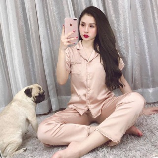 Bộ ngủ Pijama lụa tay cộc quần dài hàng đẹp