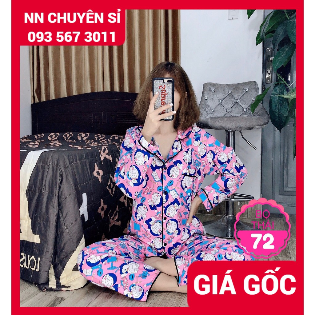 Đồ bộ nữ mặc nhà phom 60kg cổ pijama cổ V chất kate thái mềm mịn in hình doremon in hình hoạt hình dễ thương DBT