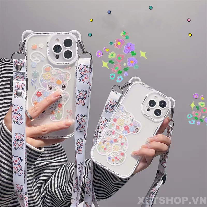 Ốp Điện Thoại Silicon Mềm Chống Sốc Hình Gấu Ngồi Và Hoa Có Dây Đeo Cho iPhone14 Pro Max 13 Pro Max 12 Pro Max 11 Pro Max