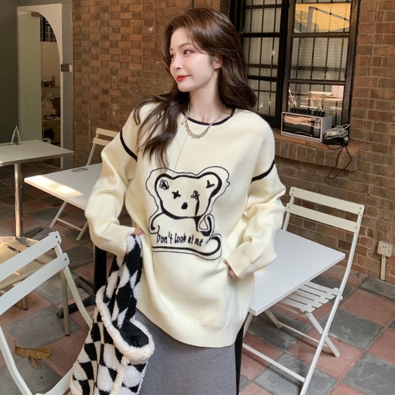 Áo Nỉ Tay Dài Cổ Tròn Form Rộng Họa Tiết Gấu Dễ Thương Phong Cách Hàn Quốc