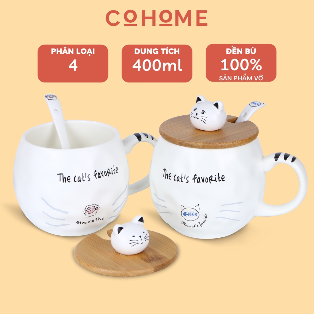 Cốc sứ dễ thương bo tròn hình mèo 400ml cao cấp, ly uống nước có nắp đậy kèm thìa sứ