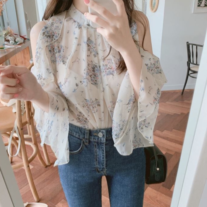 Áo Sơ Mi Trễ Vai In Hoa Xinh Xắn Cho Nữ 165684 Áo Sơ Mi Nữ Tay Dài Loe Họa Tiết Hoa Thời Trang