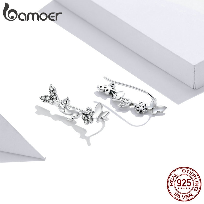 Bông tai xỏ Bamoer SCE961 Brinco 2020 Bijoux bằng bạc 925 hình mèo và bướm cho nữ