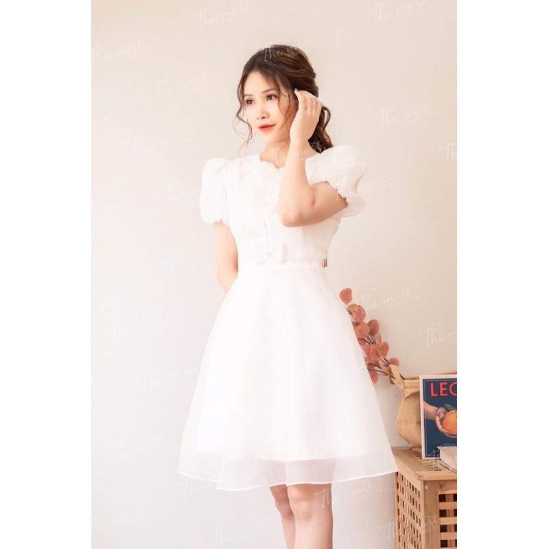 Đầm trắng🌷Hình thật🌷Đầm trắng xoè cổ nơ