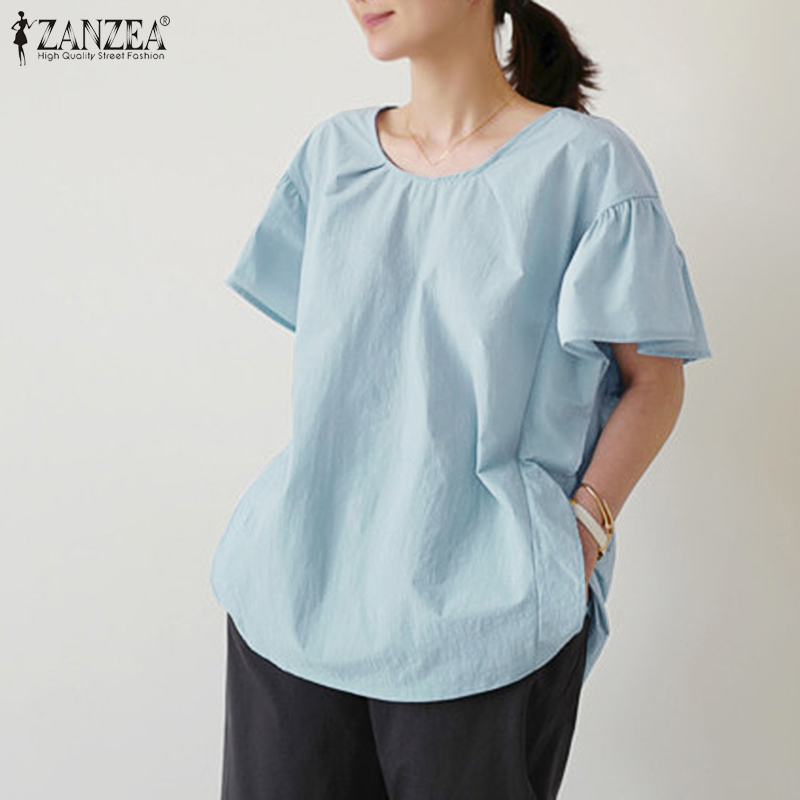 Áo ZANZEA Dáng Rộng Tay Áo Ngắn Phồng Cổ Chữ O Màu Trơn Cho Nữ Giới