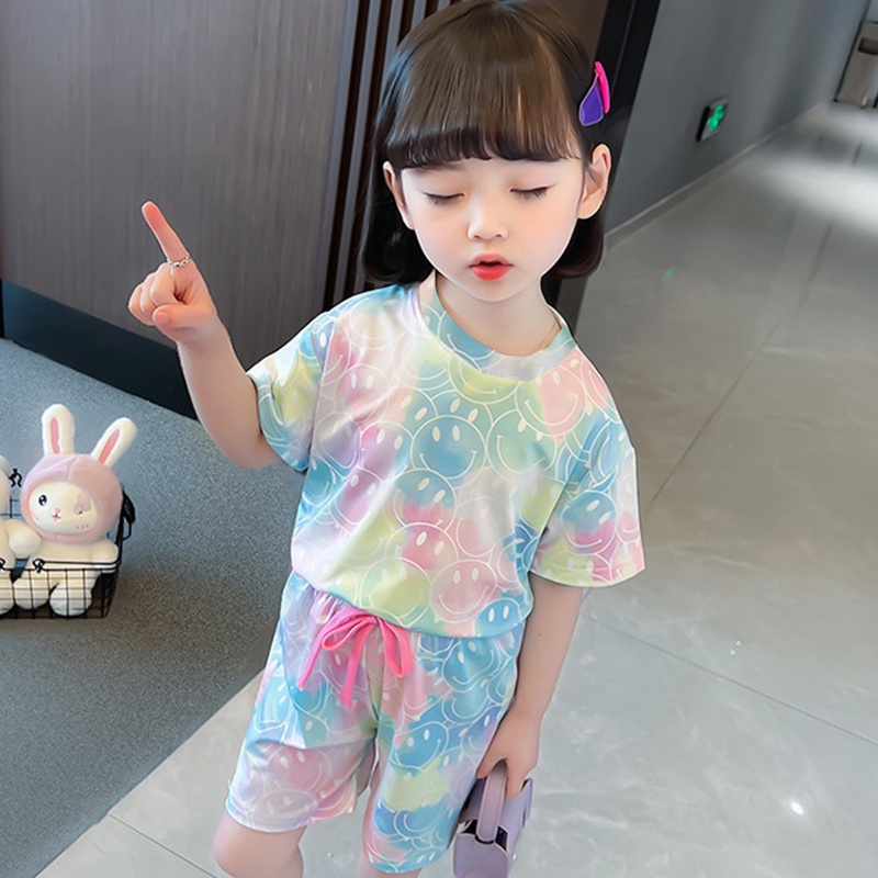 Bé Gái Hàn Quốc Thời Trang Mẫu In Khuôn Mặt Cười áo Thun Và Quần Short Thiết Lập 1-8 TuổI
