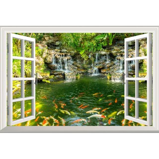 Tranh dán tường 3D cửa sổ hồ cá - vải lụa kim tuyến