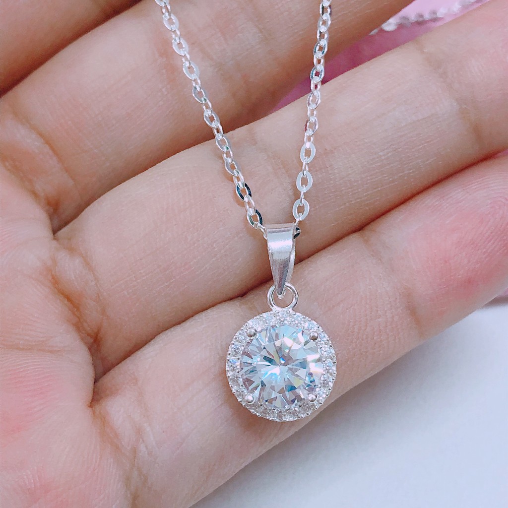 Dây chuyền bạc nữ dây xích mặt đá tròn đường kính 1cm gắn đá sáng lấp lánh - Bạc Bibi