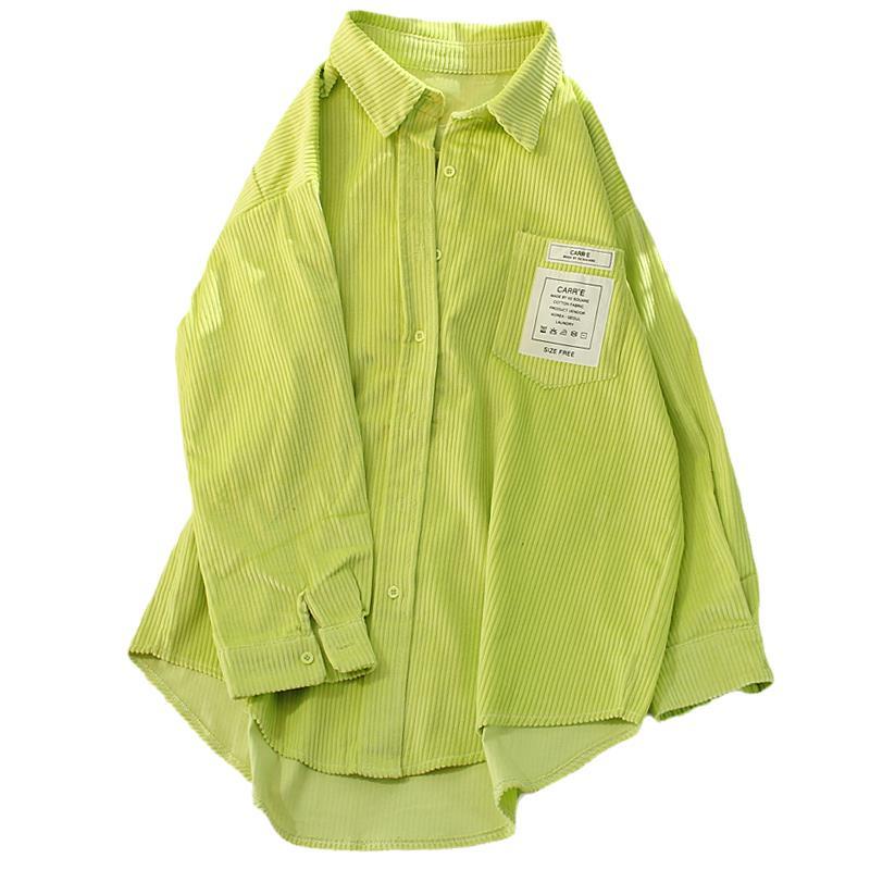 Áo Sơ Mi Nhung Kẻ Tay Dài Dáng Rộng Màu Xanh Dạ Quang Phong Cách Hàn Quốc Dành Cho Nữ