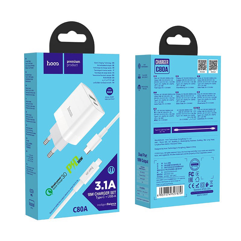 ⚡Mới⚡ Bộ Sạc Nhanh IP.hone 13 12 11 Promax Siêu Tốc cao cấp Hoco C80/C80A cáp PD 20W 2 cổng sạc USB Type-C Ligthting