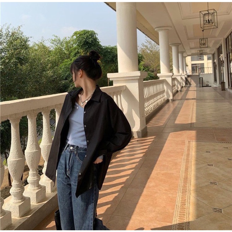 Áo sơ mi dài tay trơn không họa tiết nam nữ unisex 9 màu form rộng oversize chất thô học sinh công sở trơn basic