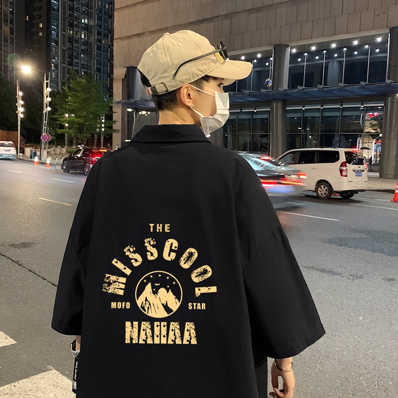 Áo sơ mi IFNICEFUTURE vải lụa mát tay ngắn dáng rộng in họa tiết phong cách Hàn Quốc năng động cho nam