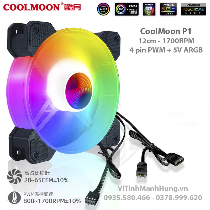 Quạt CoolMoon P1 - 1700 rpm - 12cm - 4 pin PWM + 5V 3 pin ARGB.