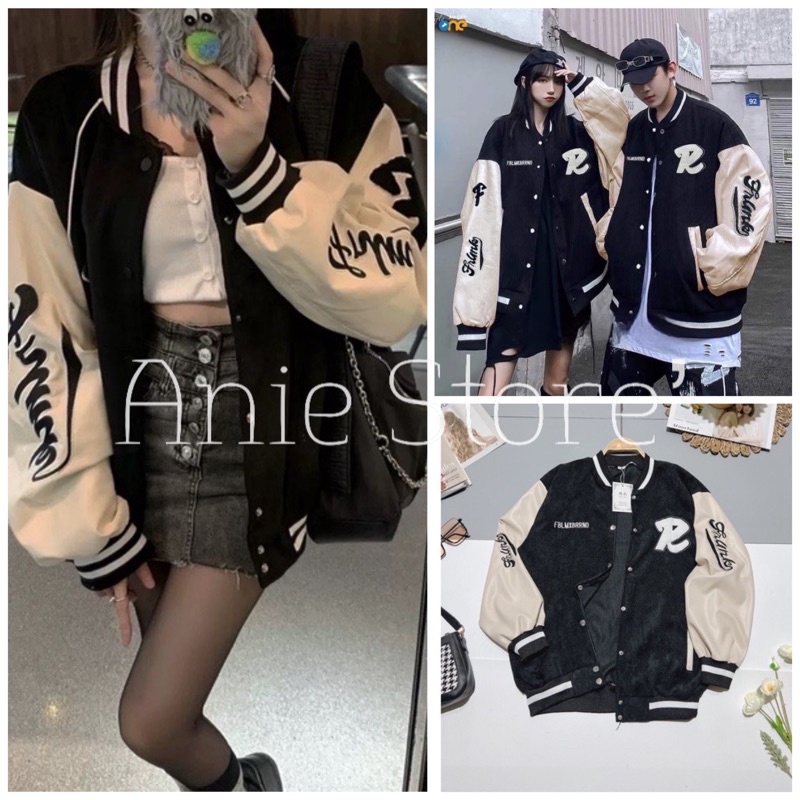 Áo Bomber Nhung Tăm Phối Tay Nỉ Chữ R 🦋 Áo Khoác Nam Nữ Dáng Rộng Cúc Bấm 🦋
