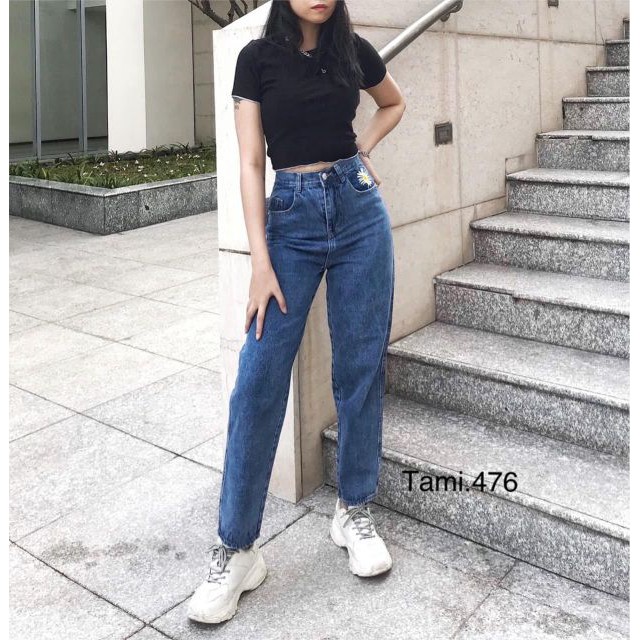 Quần bò baggy thêu hoa cúc hot trend hàng quảng châu, quần bò gấp gấu
