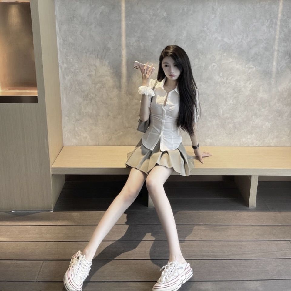 COZOK Set Áo Sơ Mi Tay Lỡ Và Chân Váy Lưng Cao Thời Trang Cá Tính Cho Nữ