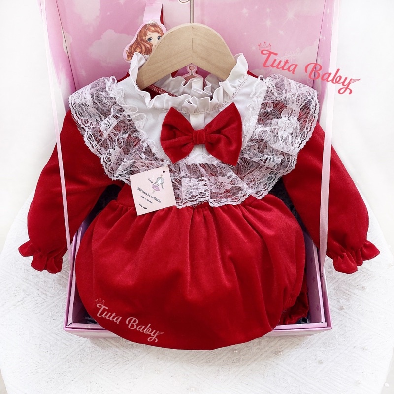Bodysuit Cho Bé Gái Liền Thân Chất Nhung Mềm Đỏ Thẫm Dài Tay Kèm Mũ Và Bao Chân Sang Chảnh