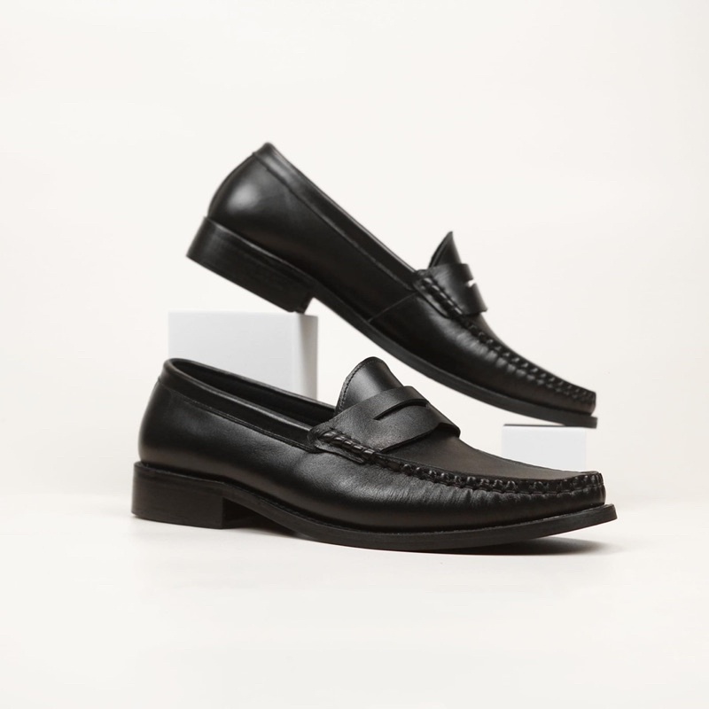 Giày Penny Loafer Black off White da bò thật cao cấp nhập khẩu LF-01