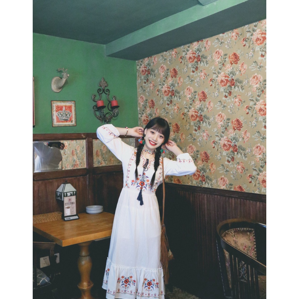 Váy boho thêu hoa dáng maxi dài