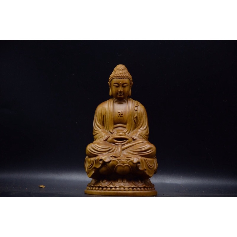 Tượng phật Adida gỗ bách xanh cao 15 cm.