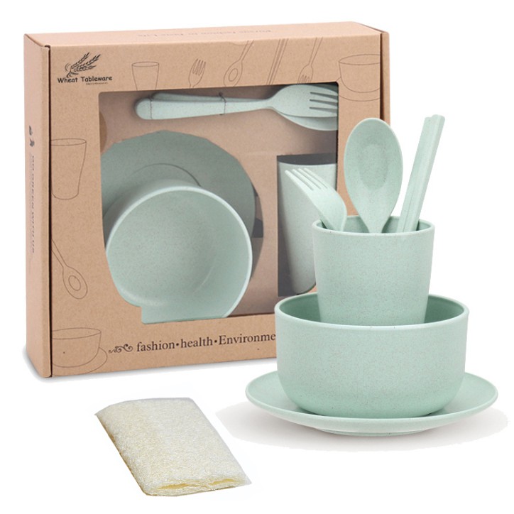 Hộp bát đĩa thìa đũa cá nhân 6 món lúa mì LM02 tặng 01 miếng xơ mướp rửa bát