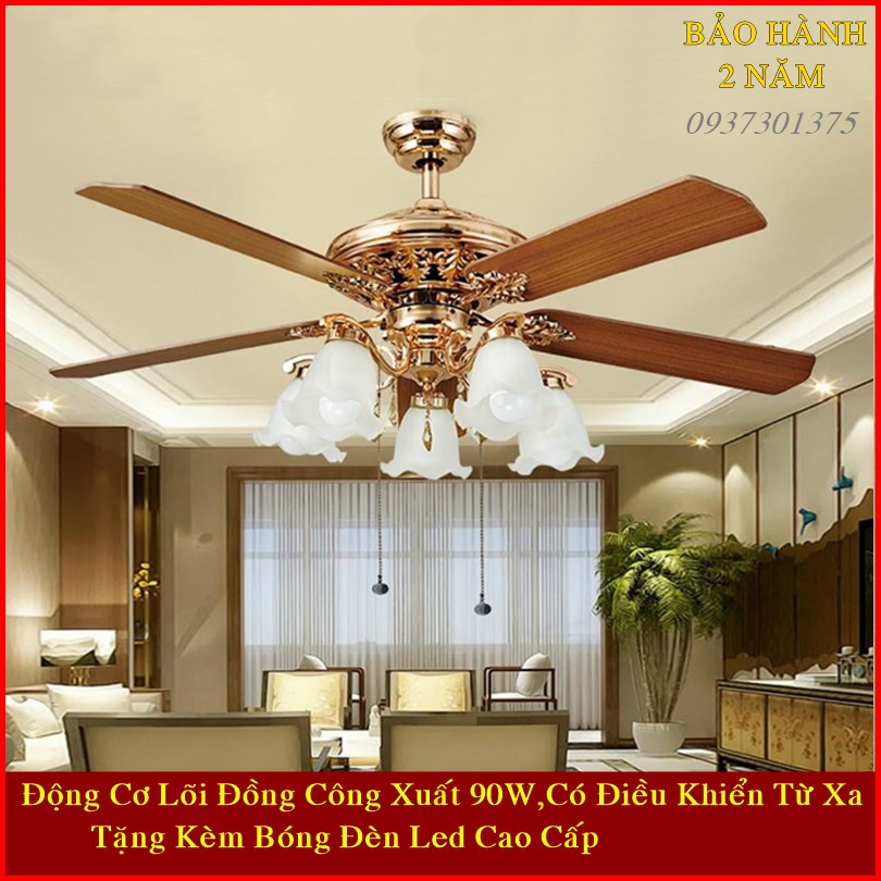 Quạt trần 5 cánh có đèn chùm Q103 động cơ DC có đảo chiều,điều khiển từ 6 số tặng kèm bóng đèn led