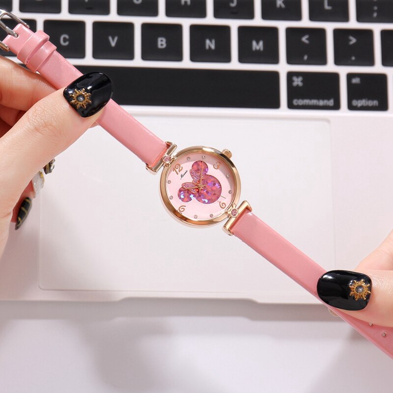 Minnie Mouse Luxury Bling Crystal Leather Quartz Đồng hồ nữ Beautiful Bow Little Disney Watch Chống nước