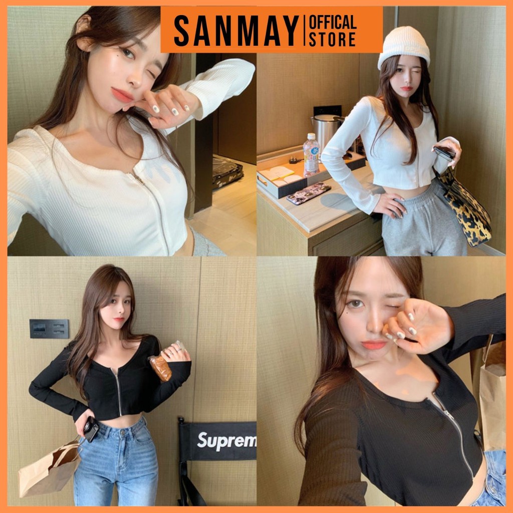 Áo Croptop Ôm Tay Dài SANJOLI Áo Kiểu Croptop Nữ Body Sexy Cổ Tim  Đẹp Bánh Bèo Trắng Đen AO036