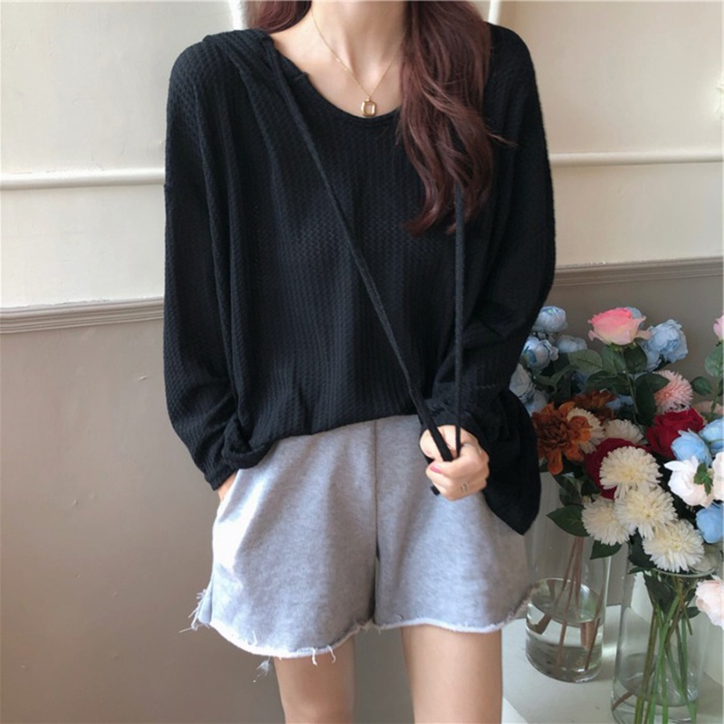 SUXI Áo hoodie tay dài màu sắc đơn giản phong cách Hàn Quốc cho nữ