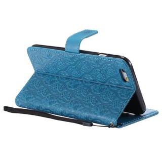 For iPhone 6 Plus/6S Plus Blue Lanyard Relief Flower Leather Flip Case