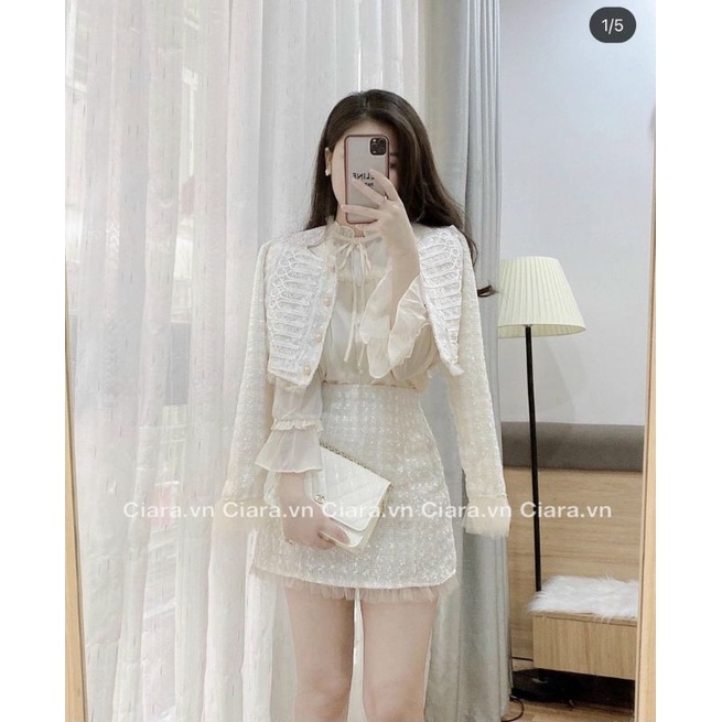 Set dạ tweed 3 món màu trắng