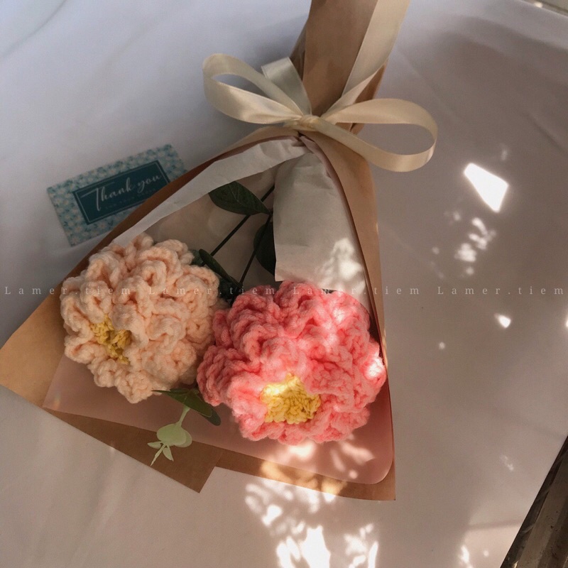 Bó hoa mẫu đơn len handmade/ Hoa mẫu đơn Peony/ hoa trang trí/ quà tặng người yêu