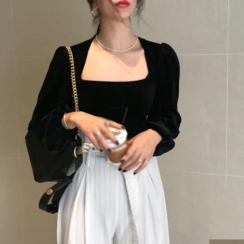 Áo thun tay dài cổ vuông màu sắc thanh lịch thời trang cho nữ