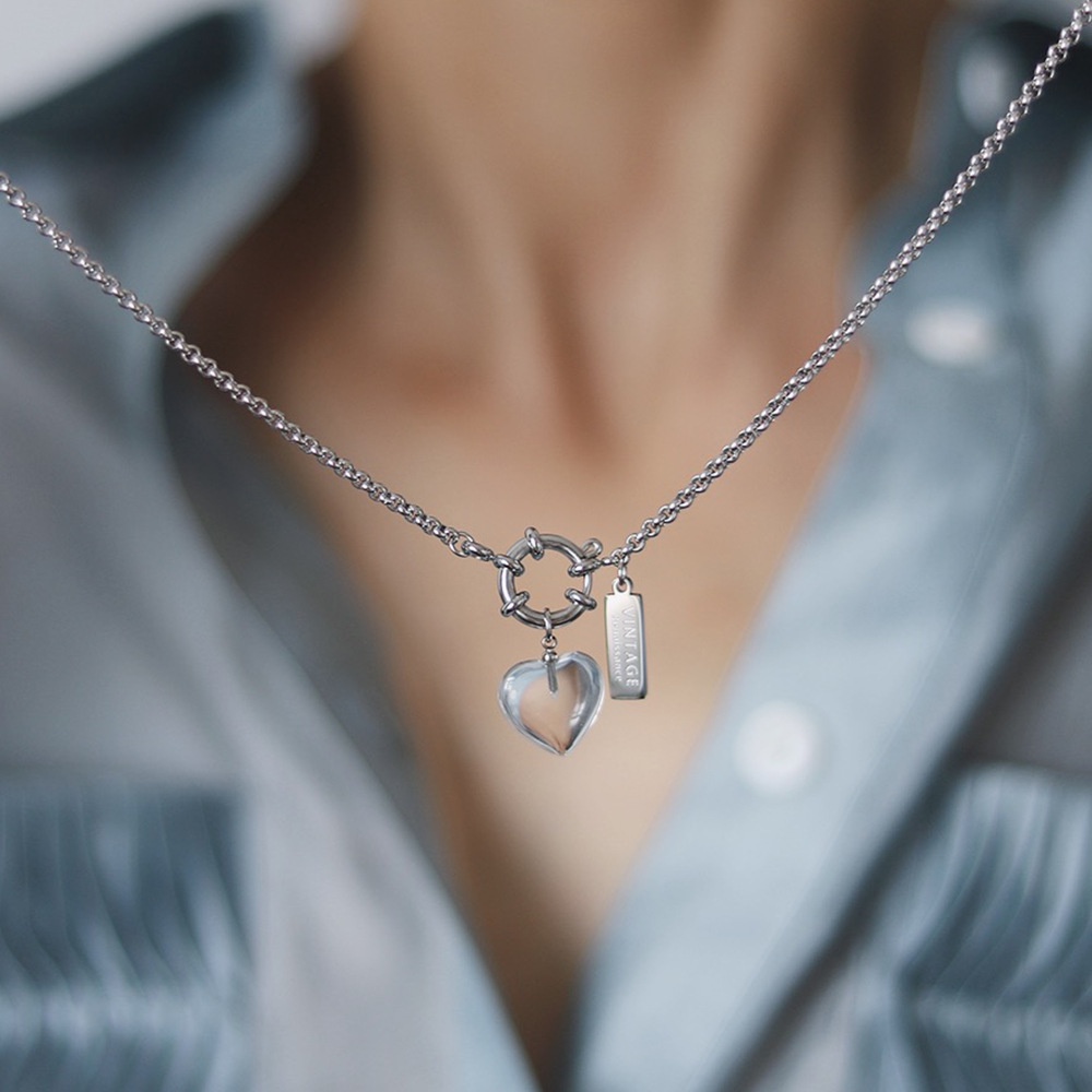 Dây chuyền titan mặt trái tim thủy tinh không gỉ WN2222