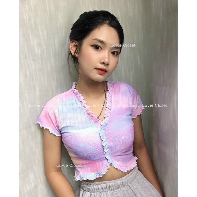 Áo croptop loang màu viền bèo chất thun gân - A0N