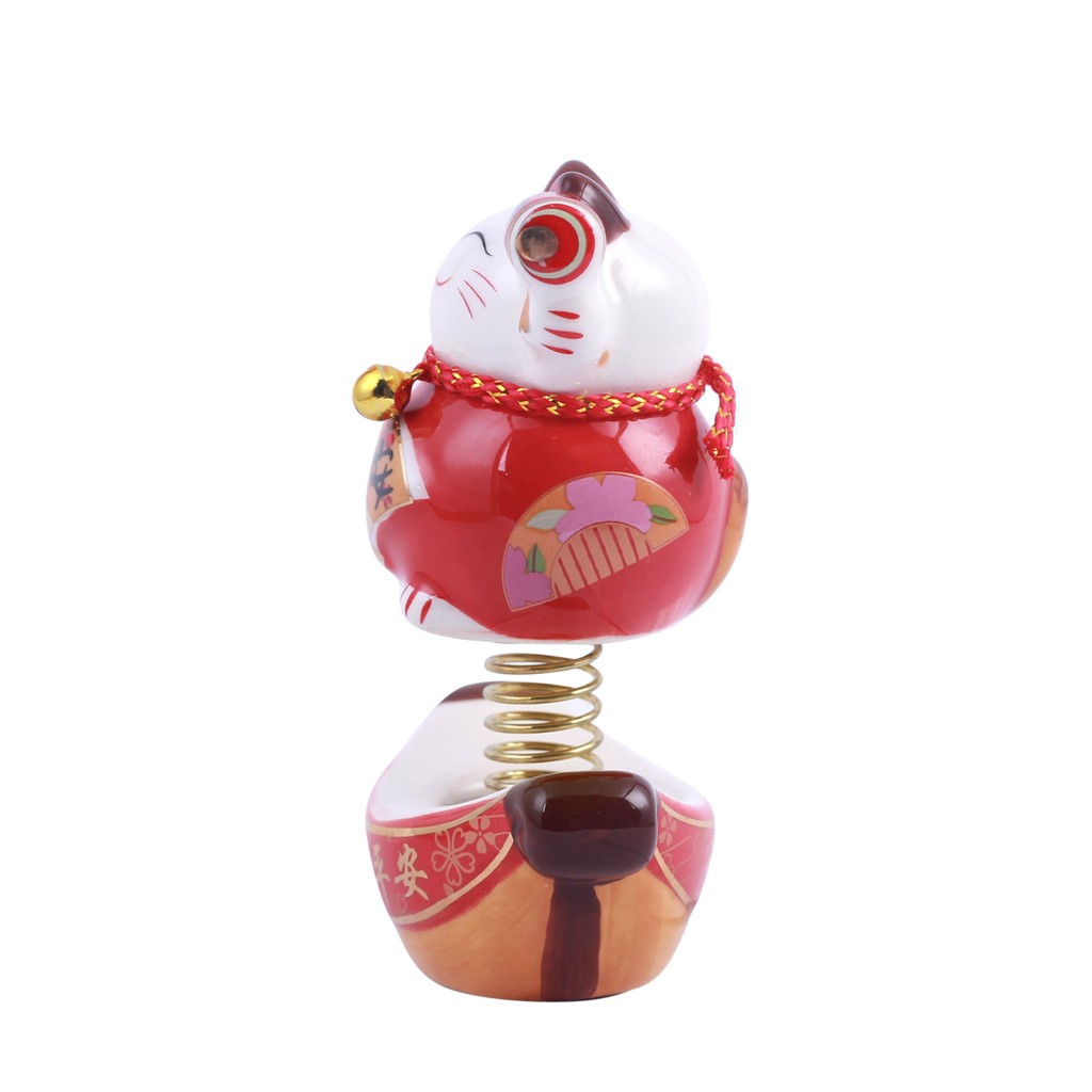 Tượng Mèo Gốm mini (đỏ-cầm quạt)