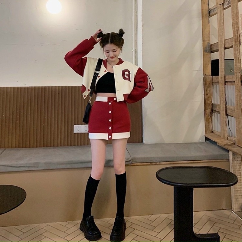 Set nỉ bóng chày hot girl xinh kèm váy ☘️☘️☘️☘️C8877