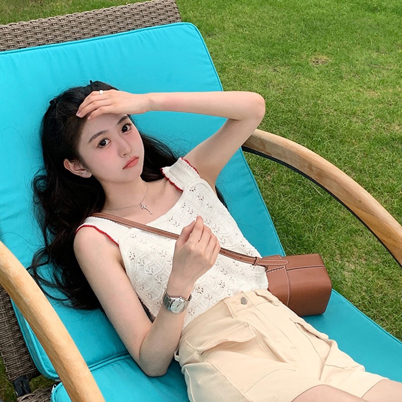 【ZHELIHANGFEI】Áo Dệt Kim Không Tay Thiết Kế Khoét Rỗng Dễ Phối Đồ