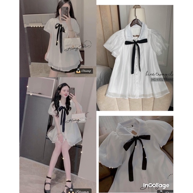 [HÀNG LOAI1-Ảnh thật] Áo nữ tơ lụa dáng suông tay bồng babydoll, Kiểu áo buộc nơ điệu đà tay phồng nữ tính