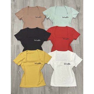 áo kiểu croptop cổ vuông thêu chữ chất bozip tay ngắn